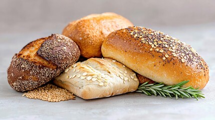Assorted artisan breads, rosemary sprig, seeds, bakery