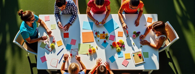 Creative crafting session with friends on sunny backyard table, DIY fun