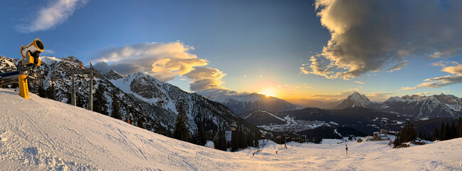 Sunset in the ski resort Rosshütte close to the village of Seefeld in Tyrol in winter