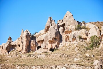 Goreme National Park, Turkey. Traditional tuff mountains in Cappadocia. Cave city, ancient buildings