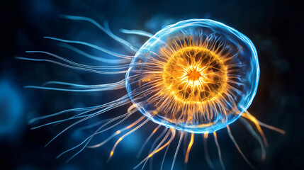 Fototapeta premium Microscopic Plankton glowing in dark underwater environment