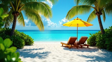 Serene Tropical Beach Scene Two Lounge Chairs Under a Vibrant Yellow Umbrella, Flanked by Lush Palm Trees and Vibrant Green Foliage, Offering a Tranquil Escape on a Sunny Day by the Ocean