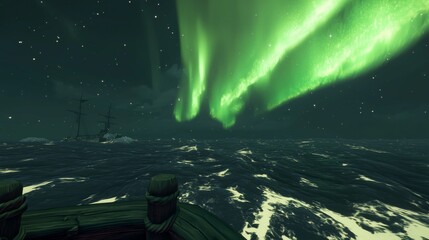 Dramatic Night Seascape Ancient Ship Sailing Under Vibrant Aurora Borealis