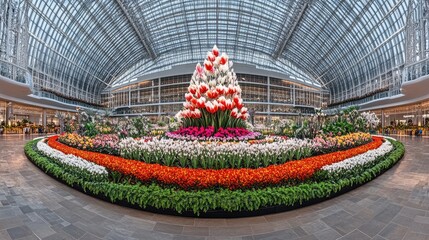 Indoor garden display, floral arrangement, glass atrium, visitors. Use Spring/floral themed website, publication
