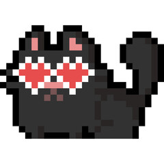 Pixel art black cat with heart eyes