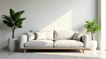 Serene Minimalist Living Room Interior Design with a Light Beige Sofa and Lush Potted Plants
