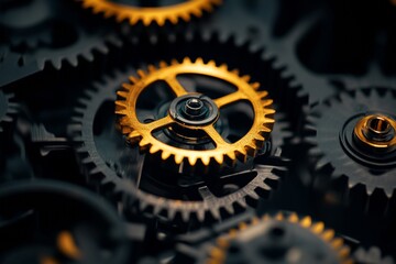 A macro view reveals clock gears engaged in seamless motion, illustrating the beauty of mechanical precision and the intricate planning behind timekeeping. Each gear interlocks perfectly