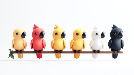 Colorful cartoon parrots perched on branch, showcasing vibrant red, yellow, white, and black hues in playful and minimalist design