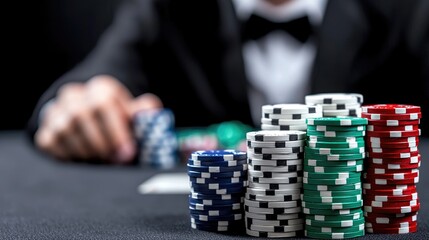 Naklejka premium Stacks of colorful poker chips on a black felt table with a blurred dealer in a tuxedo during a high-stakes game.