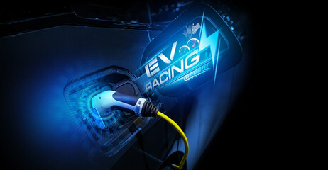 Power cable pump plug in charging power to electric vehicle EV car.