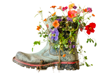 Old boot filled with colorful flowers creating a charming garden display isolated on transparent background