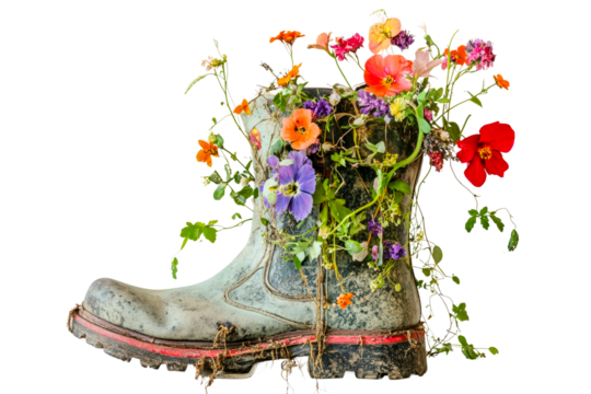 Old boot filled with colorful flowers creating a charming garden display isolated on transparent background