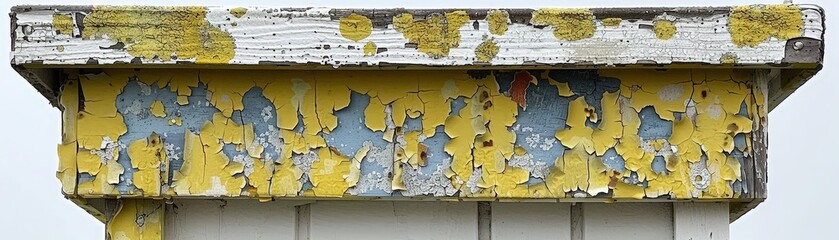 A weathered surface with peeling yellow and blue paint, showcasing textures and layers of decay, evoking a sense of rustic charm.