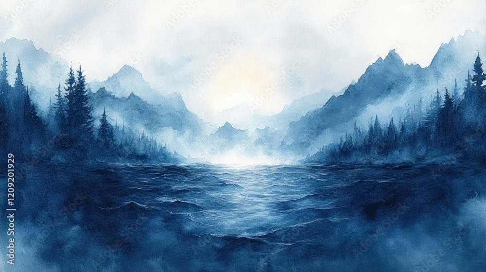 Aufkleber calming abstract watercolor background with deep blue tones and soft gradients for minimalist decor