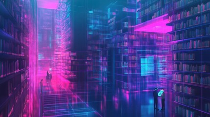 Obraz premium Neon Library: A futuristic digital archive where knowledge glows