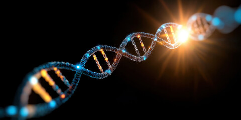 vibrant depiction of DNA double helix illuminated by light, symbolizing genetic research and discovery