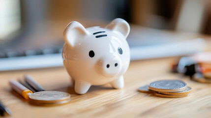 white ceramic piggy bank on wooden table surrounded by coins, symbolizing savings and financial planning. blurred background includes laptop and pens, adding professional touch