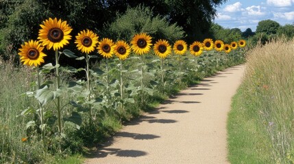 Sunflowers line sunny park path