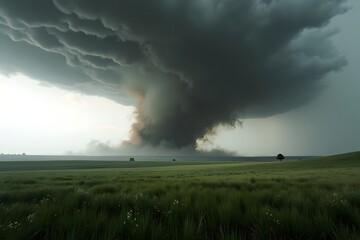 A tornado storm is seen in the distance on a vast grassland with rainy weather and dark clouds.