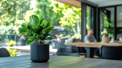 Indoor plant on table, blurred outdoor patio background, relaxing scene, home decor