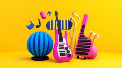 Fototapeta premium Colorful 3D Musical Instruments and Decor on Bright Yellow Background