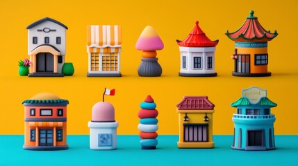 Fototapeta premium Colorful Playful Buildings and Confectionery Models on Yellow Backdrop