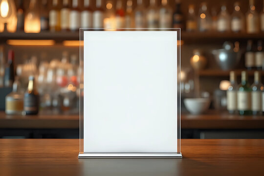Mock up Label the blank menu frame in Bar restaurant. Stand for booklet with white sheet paper acrylic tent card on table wiht blurred background.