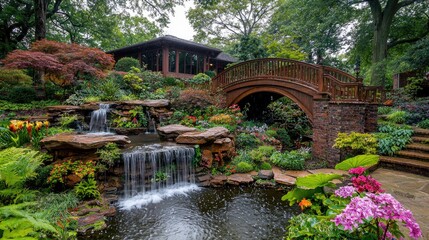 Fototapeta premium A wooden arched bridge stands over a cascading waterfall in a lush Japanese garden surrounded by green trees and blooming flowers.