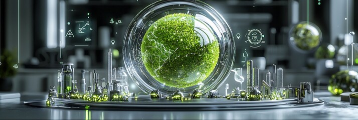3d holographic display of a green globe surrounded by futuristic icons on a white background