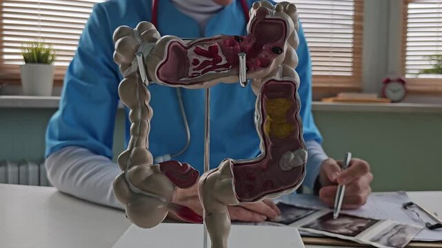 Doctor examines digestive system model and ultrasound image. Stomach intestine ulcers cyst and oncology and examination