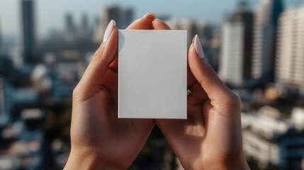 White box held in hands with city skyline backdrop.