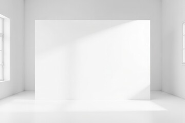 Obraz premium Bright and Minimalist White Studio Space Featuring an Empty Billboard for Graphics or Advertisements with Soft Natural Light and Clean Design