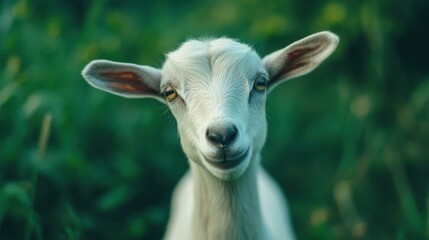 Obraz premium A cheerful goat stands surrounded by lush green grass in a vibrant setting.