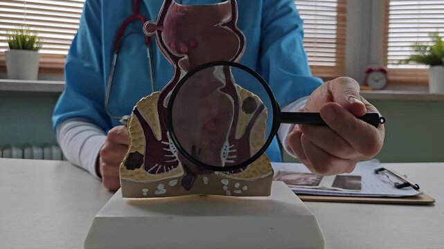 Doctor holds magnifying glass and anatomical model of rectum with hemorrhoids 