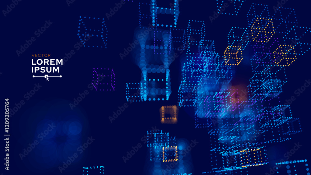 Poster Big Data 3D Cubes Quantum Computer Business Server Concept Background. 3D Blockchain Cube Blocks Concept. Data Core Abstract Cubes. Artificial Intelligence HUD Design Element.