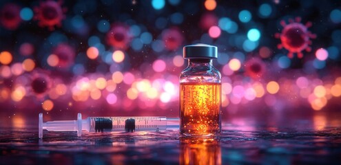 Vaccine Vial and Syringe with COVID-19 Virus Background Scientific Illustration