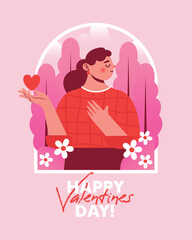 Kawaii young woman holding heart in hand and put her other hand to her heart. Lovely card to Saint Valentine's Day. Modern vector illustration with cartoon female person in love. Flat naive style.