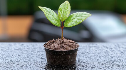 Young plant growth, urban balcony, rain, blurred background, environmental concept