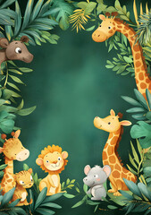 Fototapeta premium A playful illustration of cartoon animals surrounded by lush greenery.