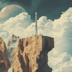 Fototapeta premium Space Rocket on a Clifftop: A Surreal Landscape