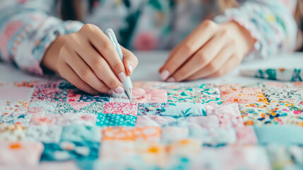 Fototapeta premium Close-up of Hands Quilting a Patchwork Fabric with a Tool