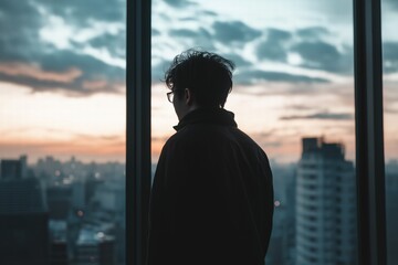 Contemplative Silhouette at Sunset Over City Skyline
