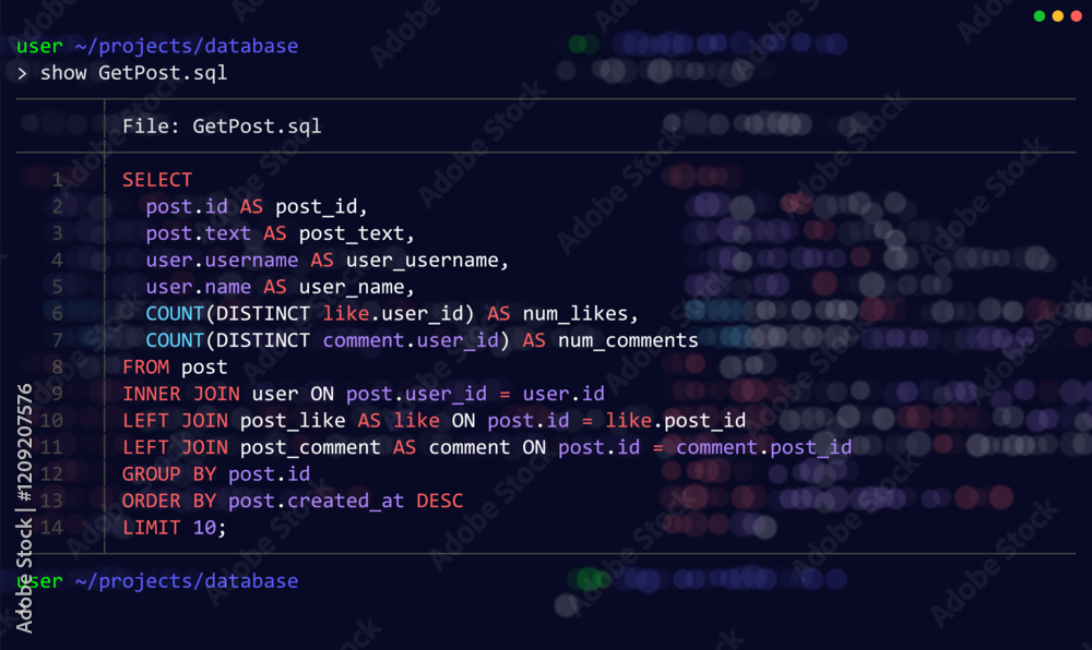 Fototapete Structured Query Language (SQL) Query Select Posts from Database. Relational Database SQL Code. Example of Code to Query Data from a Server. Vector Background.
