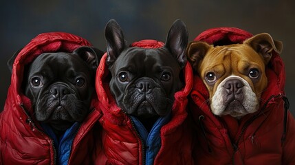 Obraz premium Three adorable dogs in red jackets, showcasing unique expressions and playful demeanor.