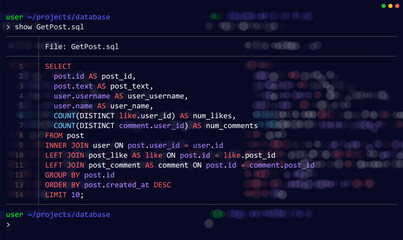 Structured Query Language (SQL) Query Select Posts from Database. Relational Database SQL Code. Example of Code to Query Data from a Server. Vector Background.