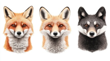 Fototapeta premium Three distinct fox portraits showcasing different fur patterns and expressions.
