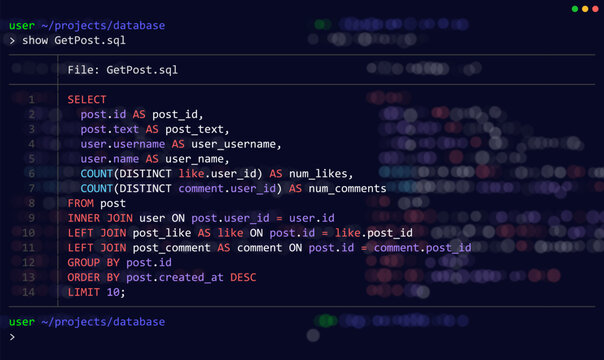 Structured Query Language (SQL) Query Select Posts from Database. Relational Database SQL Code. Example of Code to Query Data from a Server. Vector Background.