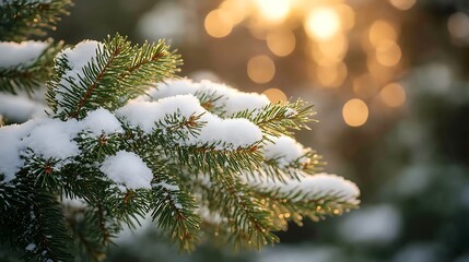 Snow dusted pine branch in golden sunlight