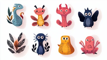 Colorful Cartoon Creatures and Plants in Playful Illustration Style