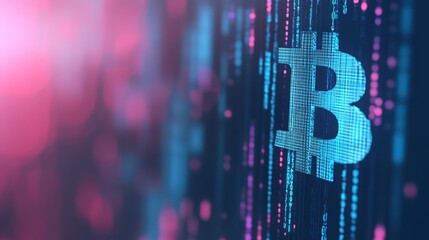 A digital representation of the Bitcoin logo surrounded by blue and pink binary code, symbolizing cryptocurrency and blockchain technology.
